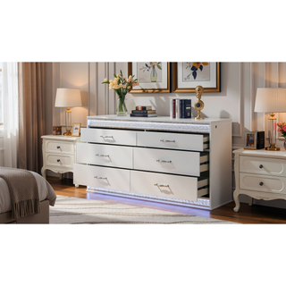 Sunvega Glam Modern White Wood Dresser with Crystal Accents and Integrated LED Lighting