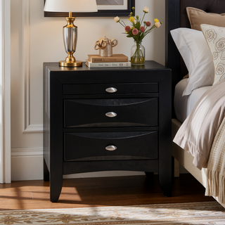 Sunvega Lucille Black Nightstand with Spacious Drawers and Chambered Fronts
