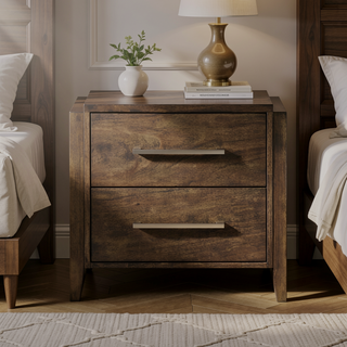 Sunvega Solid Rubberwood Nightstand with Two Drawers in Dark Walnut Finish