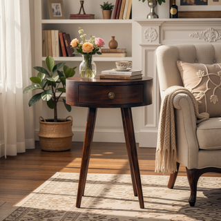 Sunvega Solid Wood Nordic California Walnut Circular Bedside Table with Drawer