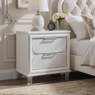Sunvega Contemporary Glam Pearl White Nightstand with Embossed Panels and Acrylic Handles