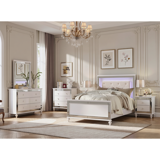 Sunvega Modern White Dresser with 9 Crystal Knob Drawers and Faux Alligator Fronts