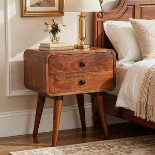 Sunvega Solid Mango Wood Curved Bedside Table with Two Drawers Honey Caramel Finish