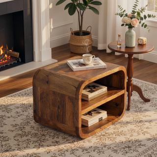 Sunvega Solid Mango Wood Wall Mounted Nightstand with Two Open Shelves