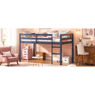 Sunvega Espresso Rubber Wood Low Height Loft Bed with Ladder for Bedroom
