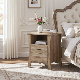 Sunvega Rustic Natural Nightstand with Two Drawers and One Open Storage Shelf