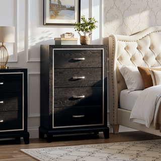 Sunvega Modern Black Nightstand with Two Drawers and Built-In AC USB Outlets