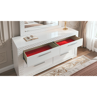 Sunvega Modern White Wood Dresser with Six Spacious Drawers and Plush Red Linings