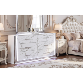 Sunvega Marble Patterned Dresser with Six Spacious Drawers and Sleek White Finish
