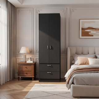Sunvega Wenge 2-Door 2-Drawer Wardrobe with Hanging Rod for Bedroom