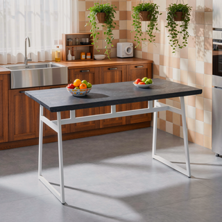 Sunvega Industrial Dining Table with Vintage White Metal Frame and Espresso Wood Top