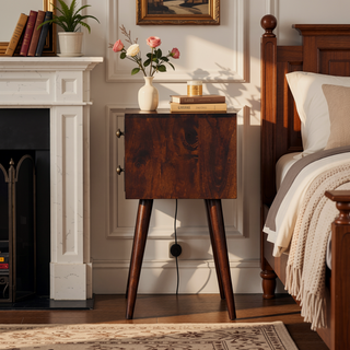 Sunvega Solid Mango Wood Bedside with Two Drawers and Scandinavian Legs