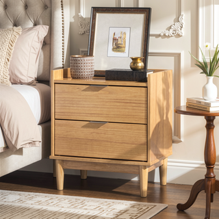 Sunvega Minimalist Solid Pine Wood Nightstand with 2 Smooth Gliding Drawers