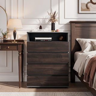 Sunvega Matt Gray and Dark Oak 4 Drawer Dresser with Open Shelf for Storage