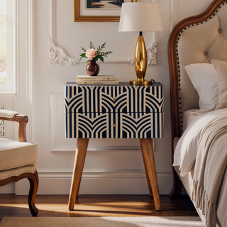 Sunvega Timeless Elegance Black and White Bone Inlay Bedside Table with Drawers