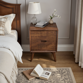 Sunvega Mid-Century Modern Walnut Brown Night Stand with 2 Drawers for Bedroom