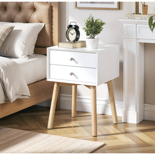 Sunvega Mid-Century Modern Bedside Table with 2 Drawers and Rubber Wood Legs