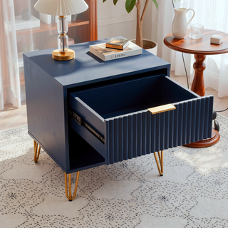 Sunvega Modern Glam Nightstand with Gold Metal Legs and Textured Drawer