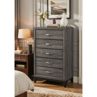 Sunvega Weathered Grey 5-Drawer Chest with Generous Storage and Rustic Charm
