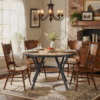 Sunvega Round Dining Table with Metal Legs and Light Birch Veneer Top for Kitchen