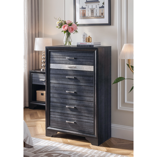 Sunvega Naima Black Finish 5-Drawer Chest with Jewelry Organizer and Silver Knobs