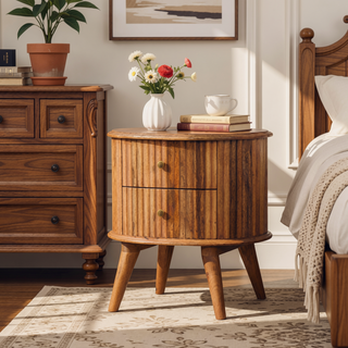 Sunvega Modern Art Handcrafted Solid Mango Wood Soba Bedside Table with 3 Drawers