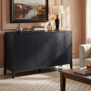 Sunvega Mason Black Wood Dresser with Wire Brushed Finish and Golden Handles