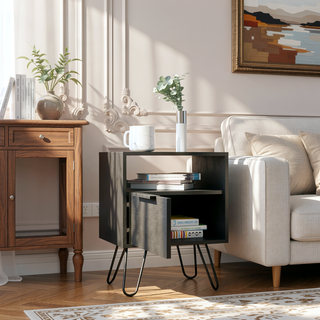 Sunvega Black Nightstand with Hairpin Legs, Open Shelf, and Single Door Cabinet