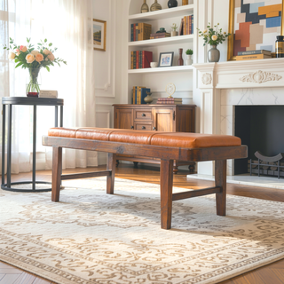 Sunvega Maddox Mid-Century Modern Upholstered Bench with Tan Leather and Teak Wood Legs