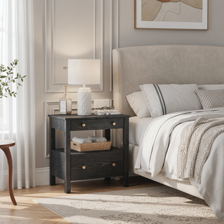 Sunvega Modern Dark Finish 2 Drawer Nightstand with Gold Knobs