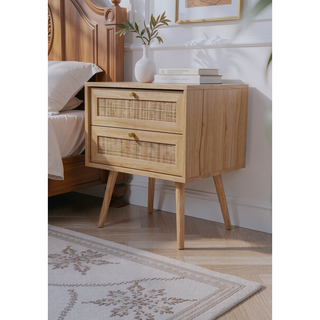 Sunvega Modern Vintage Nightstand with Caned Drawers for Bedroom Storage