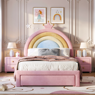 Sunvega Full Size Velvet Upholstered Rainbow Princess Platform Bed with Storage Drawer