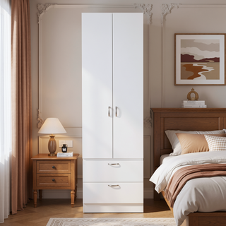 Sunvega White Bedroom Armoire with Spacious Storage Cabinet and Two Drawers