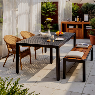 Sunvega Outdoor Modern Aluminum Dining Table with Woven Accents in Gloss Black