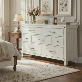 Sunvega 7 Drawer Dresser with Burnished Brass Hardware and Medium Distressing