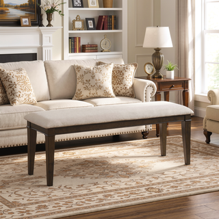 Sunvega Dark Brown Finish Wooden Dining Bench with Beige Fabric Upholstered Seat