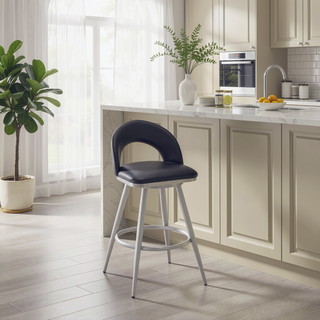 Sunvega Swivel Counter Stool with Black Faux Leather Upholstery and Brushed Stainless Steel