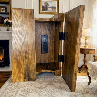 Sunvega Farmhouse End Table with Charging Station, Barn Door, and Drawer for Bedroom