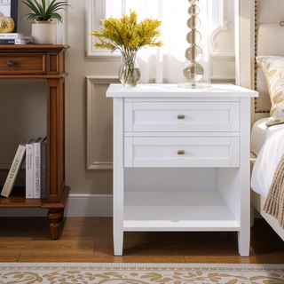 Sunvega White Transitional Nightstand with Two Drawers and Open Shelf 24 Inch Wide