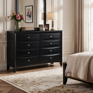 Sunvega Lucille Black Nightstand with Spacious Drawers and Chambered Fronts