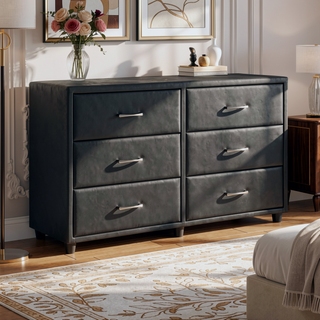 Sunvega Black Faux Leather Nightstand with Two Drawers and Silver Bar Pulls