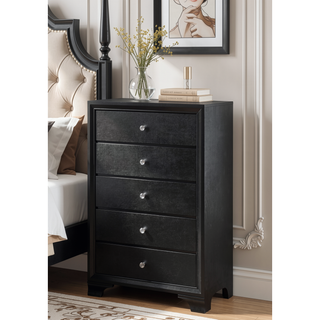 Sunvega Modern Glam Style Black Finish Five Drawer Chest Nightstand with Faux Crystal Pulls