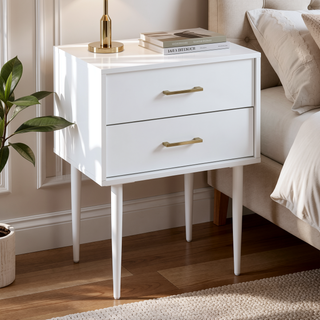 Sunvega Mid-Century Modern White Nightstand with Tapered Legs and Gold Handles