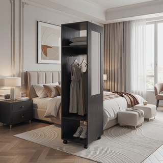Sunvega Wenge 3-Shelf Wardrobe with Mirror and Open Storage for Bedroom