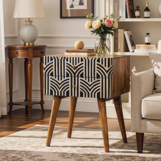 Sunvega Timeless Elegance Black and White Bone Inlay Bedside Table with Drawers