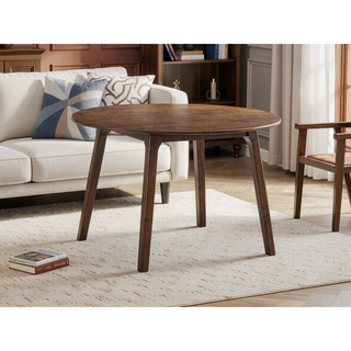 Sunvega Walnut Finish Round Dining Table with Fixed Tabletop for Family Meals