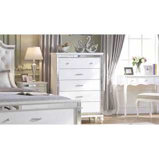 Sunvega Sterling Mirror Framed 5-Drawer Chest in White with Metallic Finish