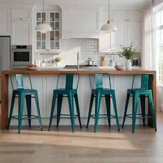 Sunvega Teal Blue Metal Counter Height Stool Set of 4 with Curved Back