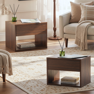 Sunvega Walnut Modern Minimalist Bedside Table Set with Storage Drawer