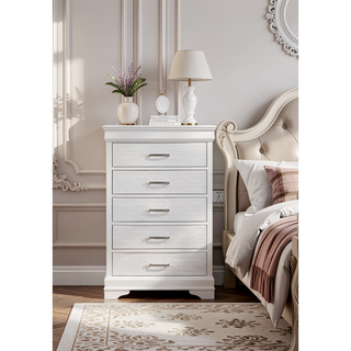 Sunvega Modern White Wood Chest with 5 Drawers and Slat System